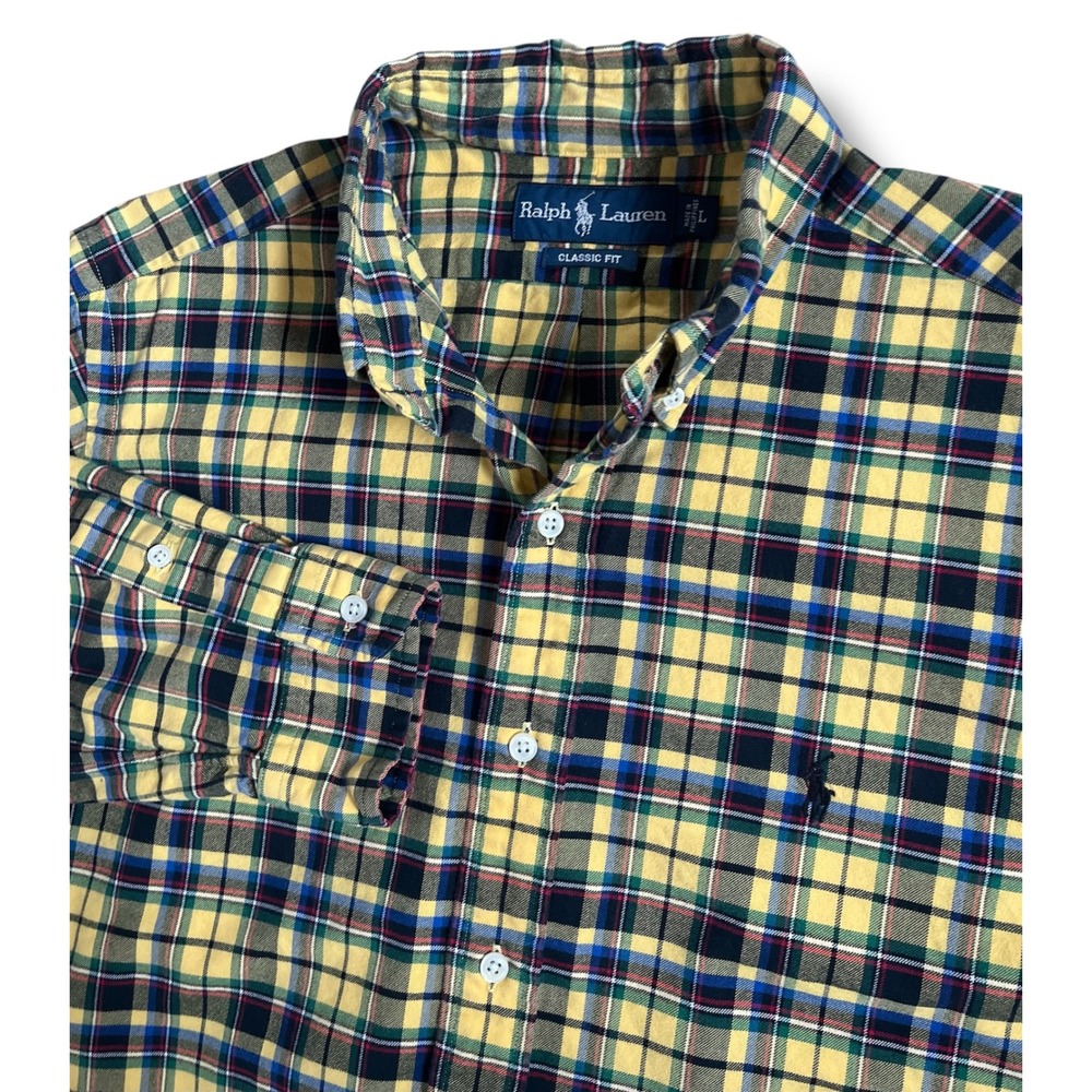 Ralph Lauren Classic Fit Plaid Shirt Mens L Yellow Blue Long Sleeve‎ Button Up